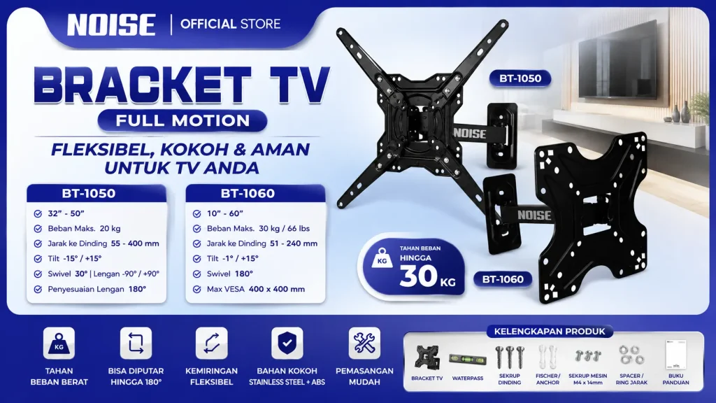 NOISE Bracket TV Full Motion Wall Mount untuk Televisi 32-50 Inci, Smart TV, LED LCD TV, Monitor Layar BT-1050 BT-1060